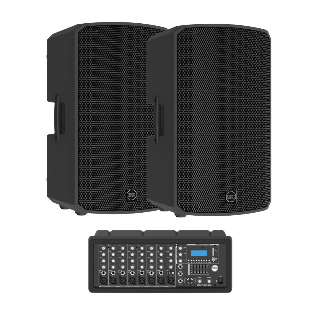 PowerWorks GROOVE-BOX DUO - Passive 2 x 12” PA Speakers + 8 Ch Powermixer Speakers & Powermixer
