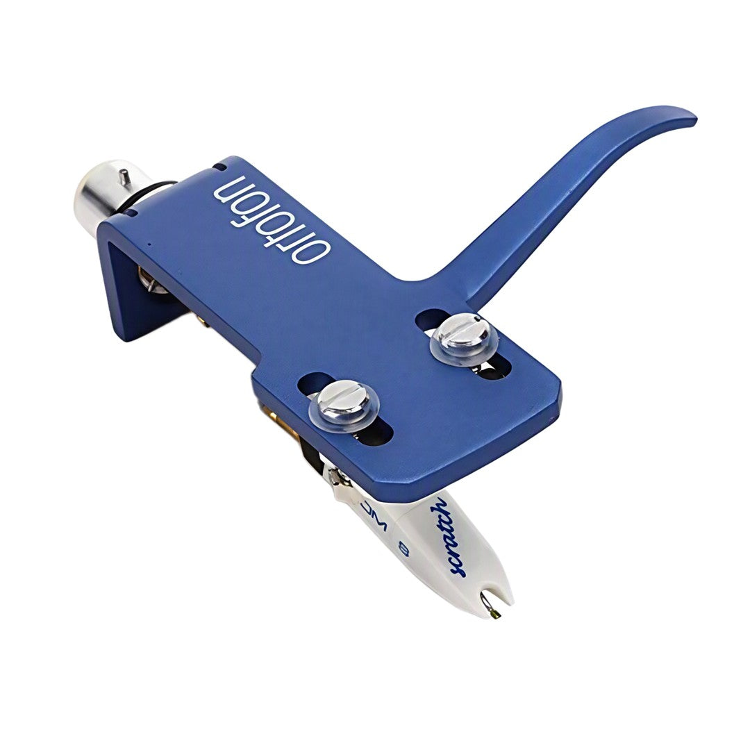 Ortofon OM SCRATCH ON SH4 OM Scratch White Premounted on Blue Headshell Top Front Left