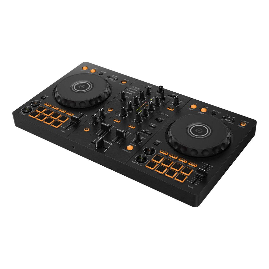 Pioneer DJ DDJ-FLX4 2-Channel DJ Controller Top Front Right View with Orange Accents