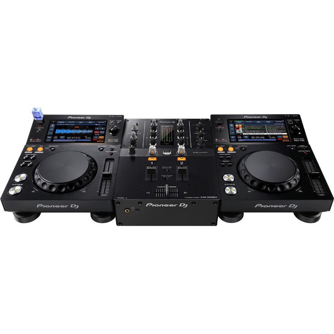 Pioneer DJ DJM-250MK2 2-channel DJ Mixer with Independent Channel Filter Set up 2 XDJ-700 with USB