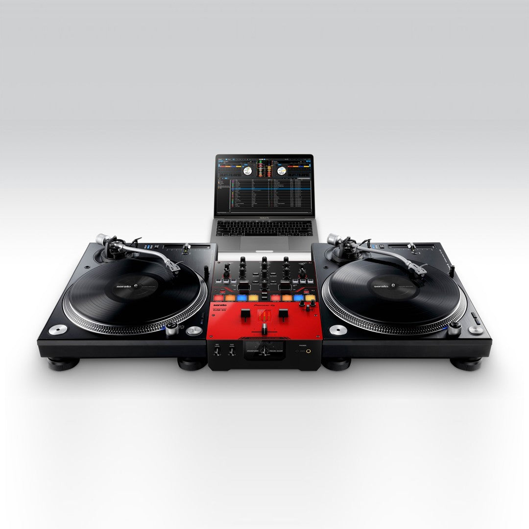 Pioneer DJ DJM-S5 2-channel Scratch-Style DJ Mixer Set up 1 with Serato and PLX-1000s