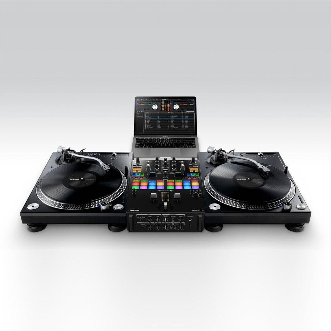 Pioneer DJ DJM-S7 2-Channel Scratch-Style Performance DJ Mixer Set up 3 with Serato and PLX-1000s