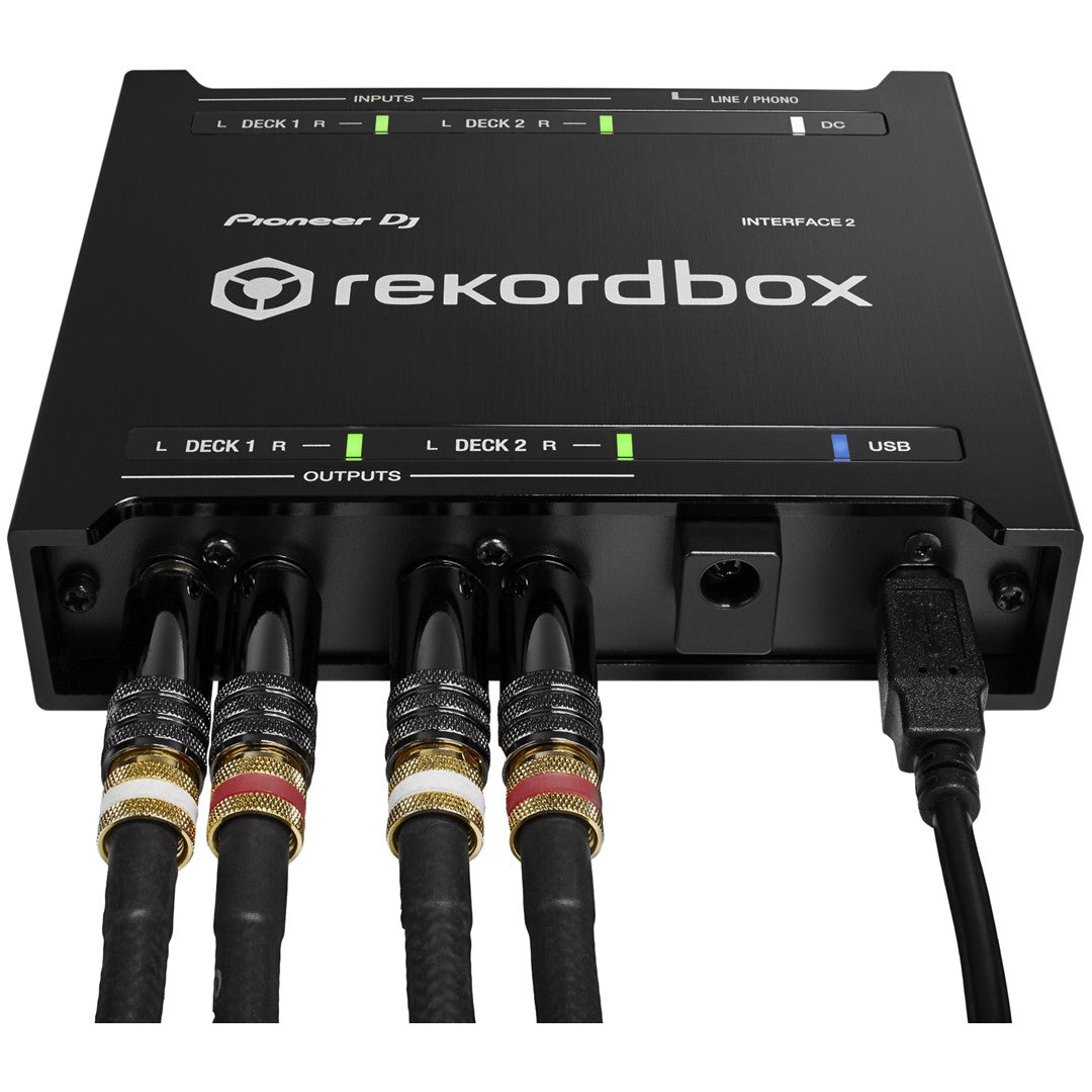 Pioneer DJ INTERFACE-2 2 Channel Audio Interface For Rekordbox Top Front View with Cables